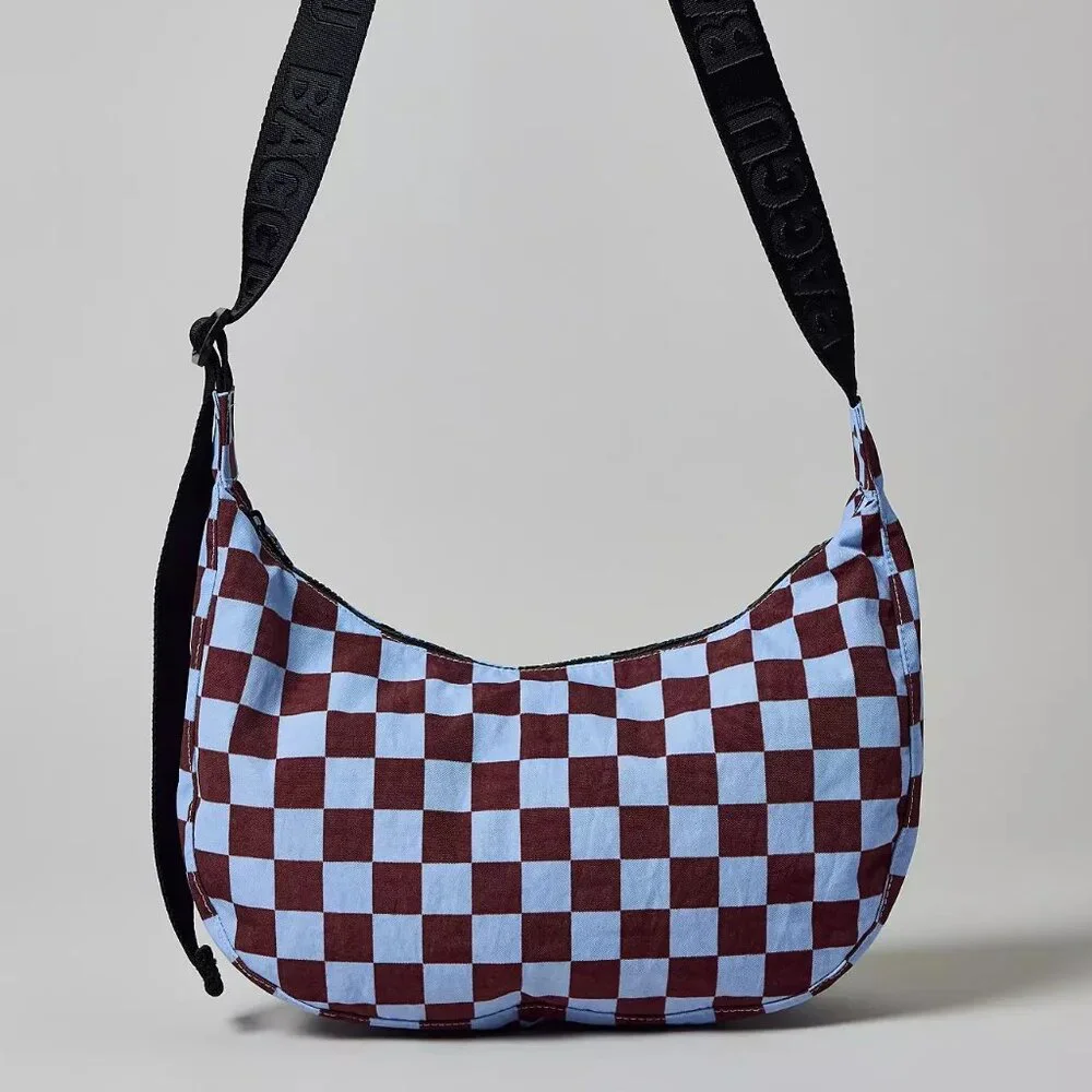 NWT Baggu Medium Crescent Bag - Brown Blue Check - Picture 5 of 8